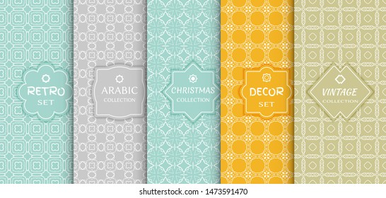 Set of seamless line patterns, colored background. Stylish decorative vintage, retro, arabic, christmas label decor set. Abstract geometric frame, vector illustration. Art Deco style, light colors