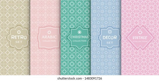 Set of seamless line patterns, colored background. Stylish decorative vintage, retro, arabic, christmas label decor set. Abstract geometric frame, vector illustration. Art Deco style, light colors