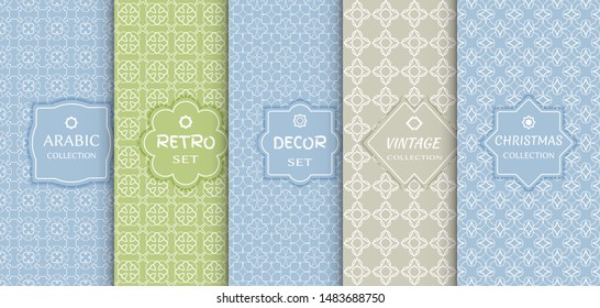 Set of seamless line patterns, colored background. Stylish decorative vintage, retro, arabic, christmas label decor set. Abstract geometric frame, vector illustration. Art Deco style, light colors