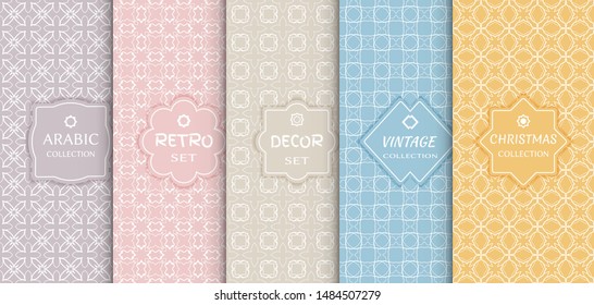 Set of seamless line patterns, colored background. Stylish decorative vintage, retro, arabic, christmas label decor set. Abstract geometric frame, vector illustration. Art Deco style, light colors