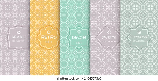 Set of seamless line patterns, colored background. Stylish decorative vintage, retro, arabic, christmas label decor set. Abstract geometric frame, vector illustration. Art Deco style, light colors