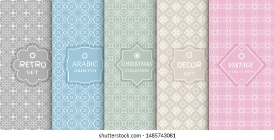 Set of seamless line patterns, colored background. Stylish decorative vintage, retro, arabic, christmas label decor set. Abstract geometric frame, vector illustration. Art Deco style, light colors