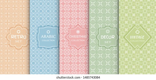 Set of seamless line patterns, colored background. Stylish decorative vintage, retro, arabic, christmas label decor set. Abstract geometric frame, vector illustration. Art Deco style, light colors