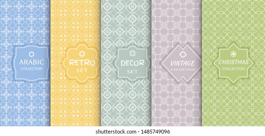 Set of seamless line patterns, colored background. Stylish decorative vintage, retro, arabic, christmas label decor set. Abstract geometric frame, vector illustration. Art Deco style, light colors