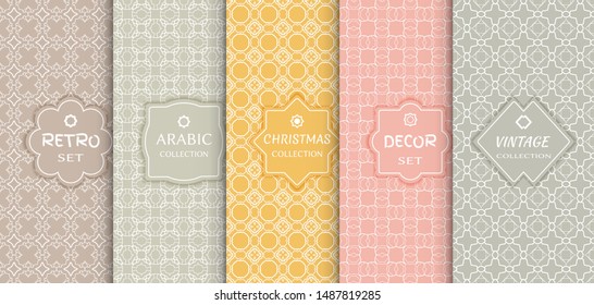 Set of seamless line patterns, colored background. Stylish decorative vintage, retro, arabic, christmas label decor set. Abstract geometric frame, vector illustration. Art Deco style, light colors