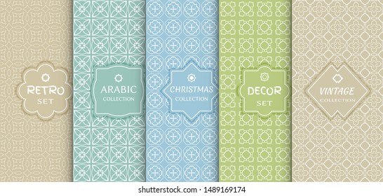 Set of seamless line patterns, colored background. Stylish decorative vintage, retro, arabic, christmas label decor set. Abstract geometric frame, vector illustration. Art Deco style, light colors