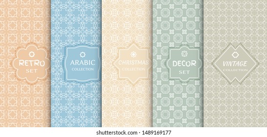 Set of seamless line patterns, colored background. Stylish decorative vintage, retro, arabic, christmas label decor set. Abstract geometric frame, vector illustration. Art Deco style, light colors
