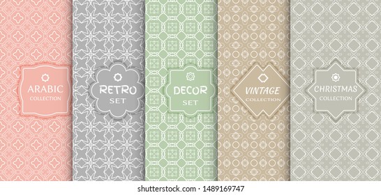 Set of seamless line patterns, colored background. Stylish decorative vintage, retro, arabic, christmas label decor set. Abstract geometric frame, vector illustration. Art Deco style, light colors