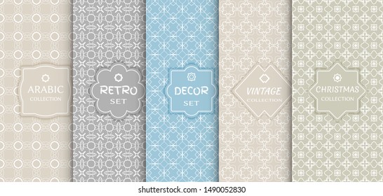 Set of seamless line patterns, colored background. Stylish decorative vintage, retro, arabic, christmas label decor set. Abstract geometric frame, vector illustration. Art Deco style, light colors