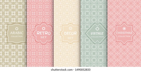 Set of seamless line patterns, colored background. Stylish decorative vintage, retro, arabic, christmas label decor set. Abstract geometric frame, vector illustration. Art Deco style, light colors