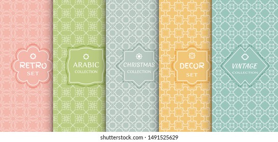Set of seamless line patterns, colored background. Stylish decorative vintage, retro, arabic, christmas label decor set. Abstract geometric frame, vector illustration. Art Deco style, light colors