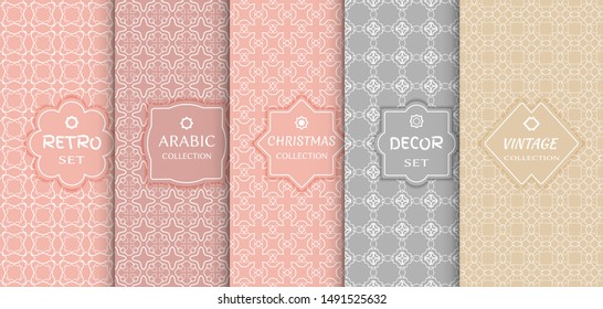Set of seamless line patterns, colored background. Stylish decorative vintage, retro, arabic, christmas label decor set. Abstract geometric frame, vector illustration. Art Deco style, light colors