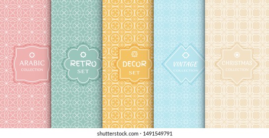 Set of seamless line patterns, colored background. Stylish decorative vintage, retro, arabic, christmas label decor set. Abstract geometric frame, vector illustration. Art Deco style, light colors