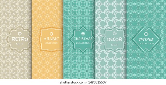 Set of seamless line patterns, colored background. Stylish decorative vintage, retro, arabic, christmas label decor set. Abstract geometric frame, vector illustration. Art Deco style, light colors