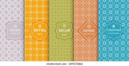 Set of seamless line patterns, colored background. Stylish decorative vintage, retro, arabic, christmas label decor set. Abstract geometric frame, vector illustration. Art Deco style, light colors