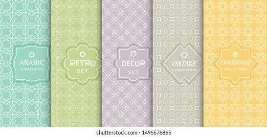 Set of seamless line patterns, colored background. Stylish decorative vintage, retro, arabic, christmas label decor set. Abstract geometric frame, vector illustration. Art Deco style, light colors