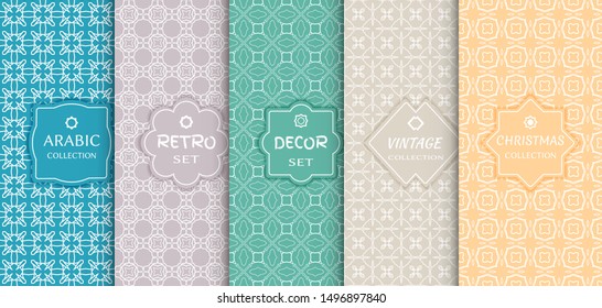 Set of seamless line patterns, colored background. Stylish decorative vintage, retro, arabic, christmas label decor set. Abstract geometric frame, vector illustration. Art Deco style, light colors