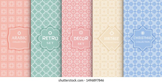 Set of seamless line patterns, colored background. Stylish decorative vintage, retro, arabic, christmas label decor set. Abstract geometric frame, vector illustration. Art Deco style, light colors