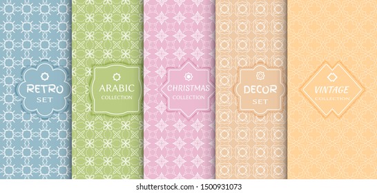 Set of seamless line patterns, colored background. Stylish decorative vintage, retro, arabic, christmas label decor set. Abstract geometric frame, vector illustration. Art Deco style, light colors