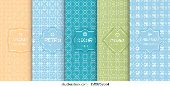 Set of seamless line patterns, colored background. Stylish decorative vintage, retro, arabic, christmas label decor set. Abstract geometric frame, vector illustration. Art Deco style, light colors
