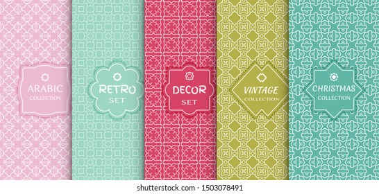 Set of seamless line patterns, colored background. Stylish decorative vintage, retro, arabic, christmas label decor set. Abstract geometric frame, vector illustration. Art Deco style, light colors