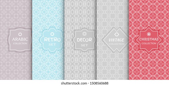 Set of seamless line patterns, colored background. Stylish decorative vintage, retro, arabic, christmas label decor set. Abstract geometric frame, vector illustration. Art Deco style, light colors