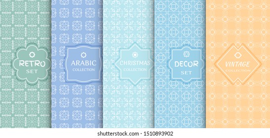 Set of seamless line patterns, colored background. Stylish decorative vintage, retro, arabic, christmas label decor set. Abstract geometric frame, vector illustration. Art Deco style, light colors