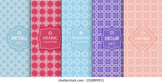 Set of seamless line patterns, colored background. Stylish decorative vintage, retro, arabic, christmas label decor set. Abstract geometric frame, vector illustration. Art Deco style, light colors