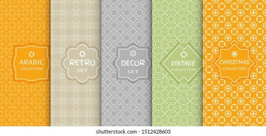 Set of seamless line patterns, colored background. Stylish decorative vintage, retro, arabic, christmas label decor set. Abstract geometric frame, vector illustration. Art Deco style, light colors