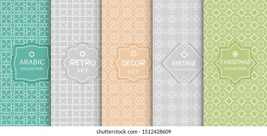 Set of seamless line patterns, colored background. Stylish decorative vintage, retro, arabic, christmas label decor set. Abstract geometric frame, vector illustration. Art Deco style, light colors