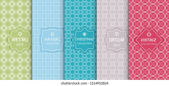 Set of seamless line patterns, colored background. Stylish decorative vintage, retro, arabic, christmas label decor set. Abstract geometric frame, vector illustration. Art Deco style, light colors