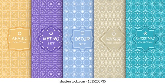Set of seamless line patterns, colored background. Stylish decorative vintage, retro, arabic, christmas label decor set. Abstract geometric frame, vector illustration. Art Deco style, light colors
