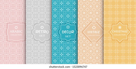 Set of seamless line patterns, colored background. Stylish decorative vintage, retro, arabic, christmas label decor set. Abstract geometric frame, vector illustration. Art Deco style, light colors