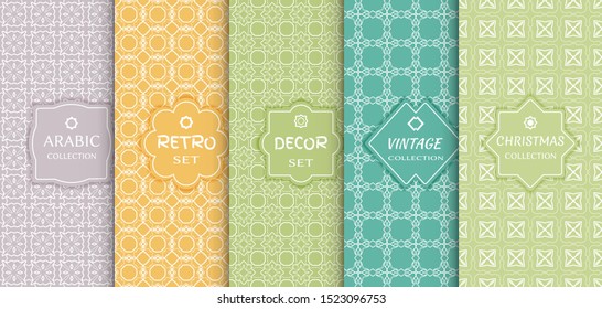 Set of seamless line patterns, colored background. Stylish decorative vintage, retro, arabic, christmas label decor set. Abstract geometric frame, vector illustration. Art Deco style, light colors
