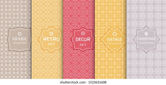 Set of seamless line patterns, colored background. Stylish decorative vintage, retro, arabic, christmas label decor set. Abstract geometric frame, vector illustration. Art Deco style, light colors