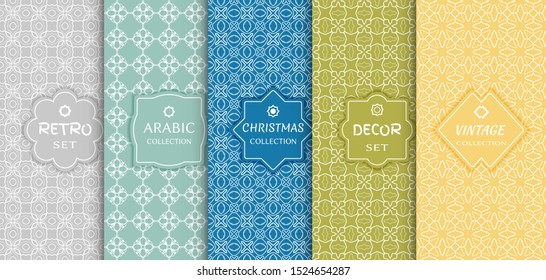 Set of seamless line patterns, colored background. Stylish decorative vintage, retro, arabic, christmas label decor set. Abstract geometric frame, vector illustration. Art Deco style, light colors