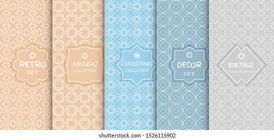 Set of seamless line patterns, colored background. Stylish decorative vintage, retro, arabic, christmas label decor set. Abstract geometric frame, vector illustration. Art Deco style, light colors