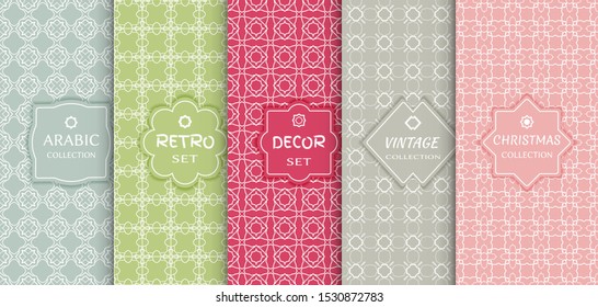 Set of seamless line patterns, colored background. Stylish decorative vintage, retro, arabic, christmas label decor set. Abstract geometric frame, vector illustration. Art Deco style, light colors
