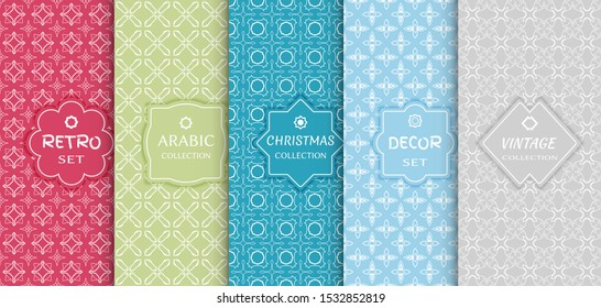 Set of seamless line patterns, colored background. Stylish decorative vintage, retro, arabic, christmas label decor set. Abstract geometric frame, vector illustration. Art Deco style, light colors