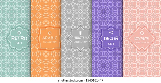 Set of seamless line patterns, colored background. Stylish decorative vintage, retro, arabic, christmas label decor set. Abstract geometric frame, vector illustration. Art Deco style, light colors