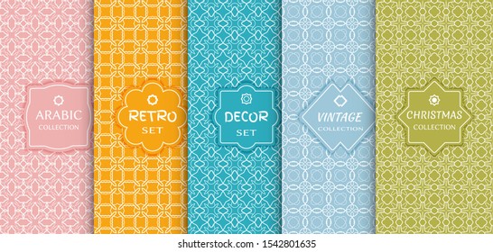 Set of seamless line patterns, colored background. Stylish decorative vintage, retro, arabic, christmas label decor set. Abstract geometric frame, vector illustration. Art Deco style, light colors