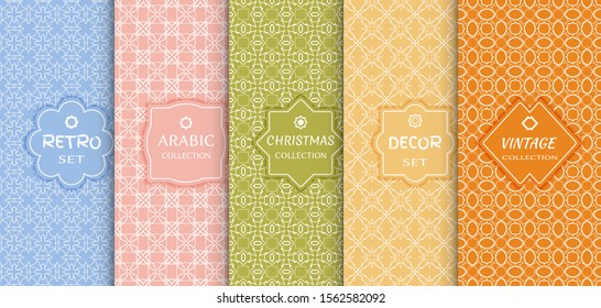 Set of seamless line patterns, colored background. Stylish decorative vintage, retro, arabic, christmas label decor set. Abstract geometric frame, vector illustration. Art Deco style, light colors