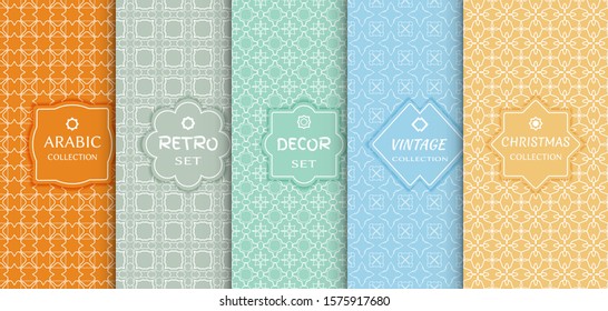 Set of seamless line patterns, colored background. Stylish decorative vintage, retro, arabic, christmas label decor set. Abstract geometric frame, vector illustration. Art Deco style, light colors