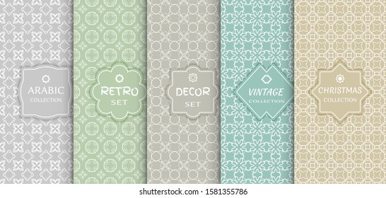 Set of seamless line patterns, colored background. Stylish decorative vintage, retro, arabic, christmas label decor set. Abstract geometric frame, vector illustration. Art Deco style, light colors