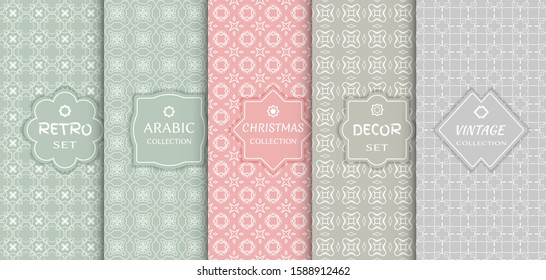 Set of seamless line patterns, colored background. Stylish decorative vintage, retro, arabic, christmas label decor set. Abstract geometric frame, vector illustration. Art Deco style, light colors