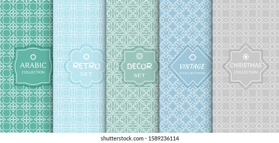 Set of seamless line patterns, colored background. Stylish decorative vintage, retro, arabic, christmas label decor set. Abstract geometric frame, vector illustration. Art Deco style, light colors