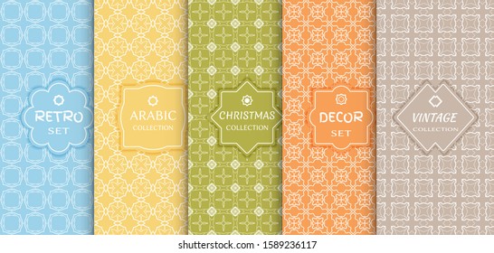 Set of seamless line patterns, colored background. Stylish decorative vintage, retro, arabic, christmas label decor set. Abstract geometric frame, vector illustration. Art Deco style, light colors