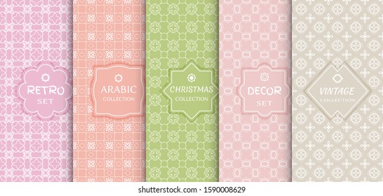 Set of seamless line patterns, colored background. Stylish decorative vintage, retro, arabic, christmas label decor set. Abstract geometric frame, vector illustration. Art Deco style, light colors