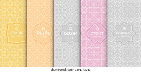 Set of seamless line patterns, colored background. Stylish decorative vintage, retro, arabic, christmas label decor set. Abstract geometric frame, vector illustration. Art Deco style, light colors