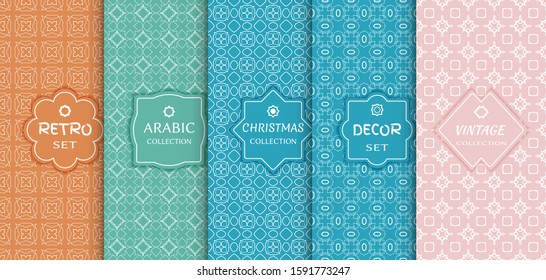 Set of seamless line patterns, colored background. Stylish decorative vintage, retro, arabic, christmas label decor set. Abstract geometric frame, vector illustration. Art Deco style, light colors